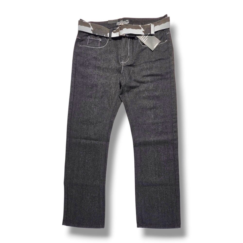 Brooklyn Express Black Straight Leg Jeans Grey Camo Belt Men's Size 34x30